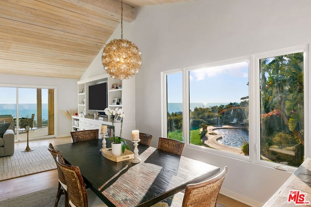 dining room with wood ceiling, hardwood / wood-style flooring, an inviting chandelier, high vaulted ceiling, and beamed ceiling