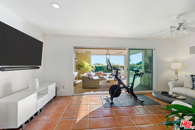 exercise area featuring ornamental molding, tile patterned floors, and ceiling fan