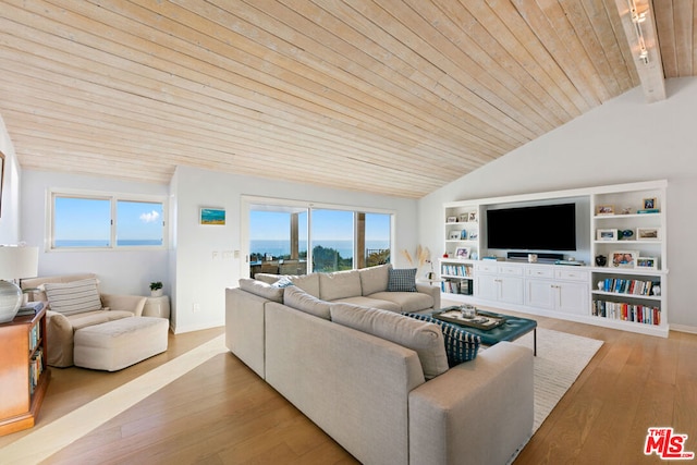 living room featuring wood ceiling, lofted ceiling with beams, and light wood-type flooring