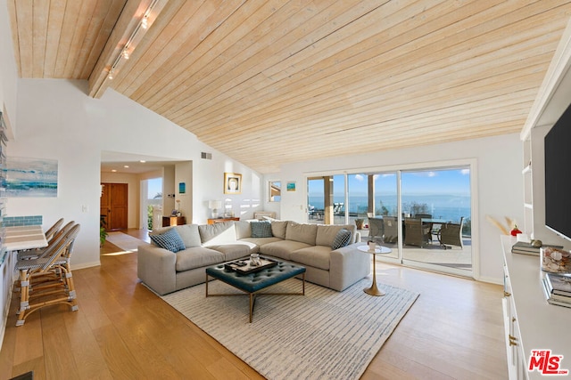 living room featuring wood ceiling, beam ceiling, high vaulted ceiling, and light wood-type flooring