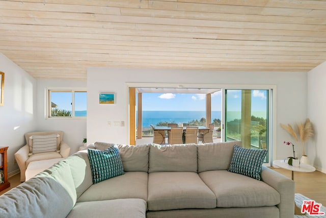 living room with hardwood / wood-style flooring, a water view, lofted ceiling, and wood ceiling