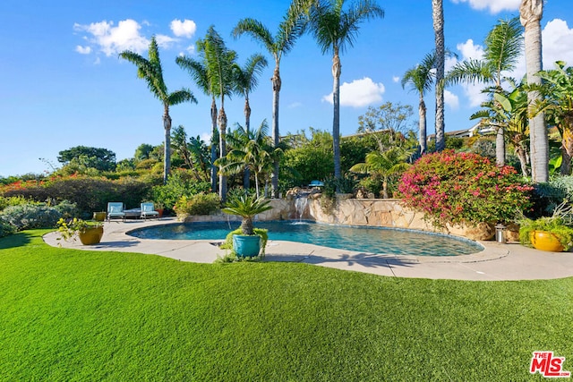 view of swimming pool featuring a yard and pool water feature