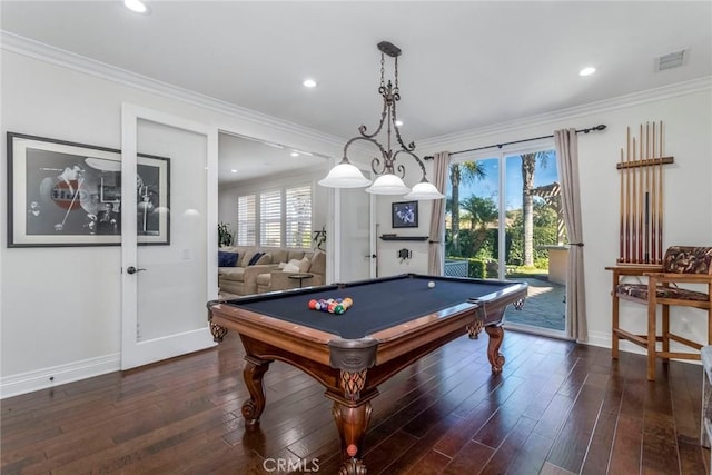 recreation room featuring pool table, ornamental molding, and dark hardwood / wood-style floors