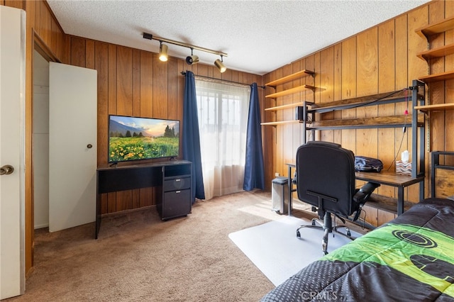 carpeted office featuring rail lighting, a textured ceiling, and wood walls