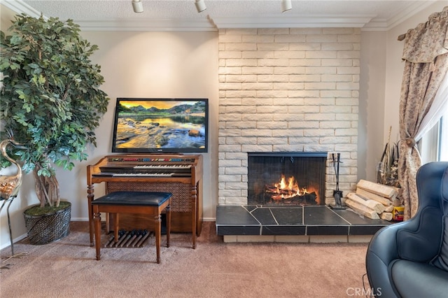 living room with ornamental molding, carpet flooring, a textured ceiling, and a fireplace