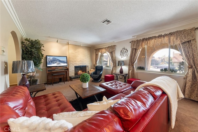 carpeted living room with a fireplace, ornamental molding, a textured ceiling, and track lighting