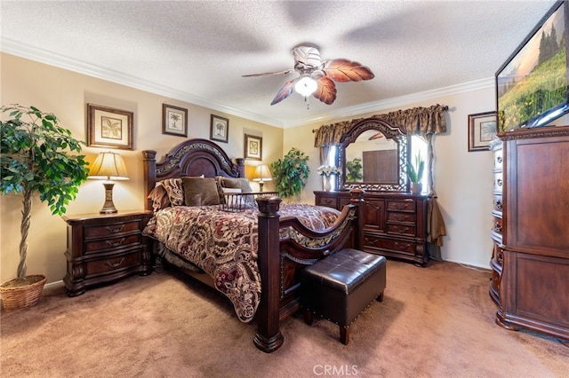 bedroom featuring ornamental molding, light carpet, and a textured ceiling