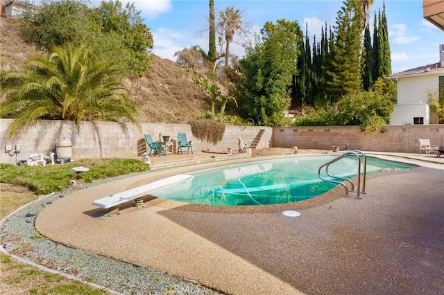 view of swimming pool with a patio and a diving board