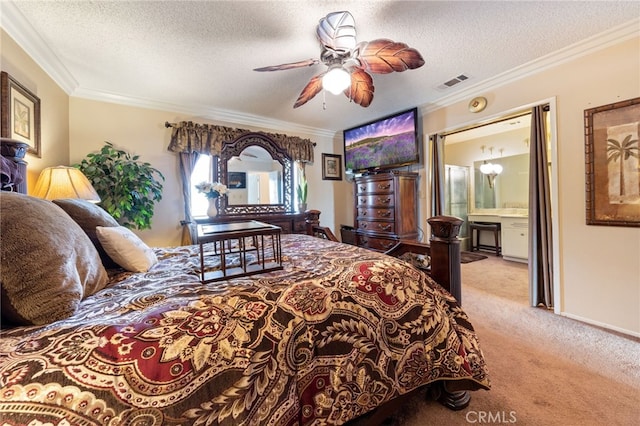 carpeted bedroom featuring crown molding and a textured ceiling