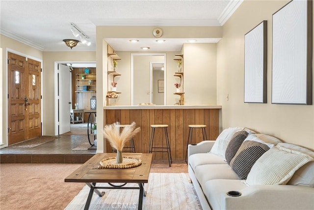 living room featuring crown molding, track lighting, carpet flooring, and a textured ceiling