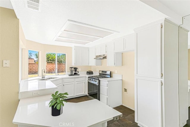 kitchen featuring stainless steel range with gas cooktop, sink, and white cabinets