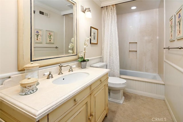 full bathroom with crown molding, tile patterned flooring, vanity, toilet, and shower / bath combo