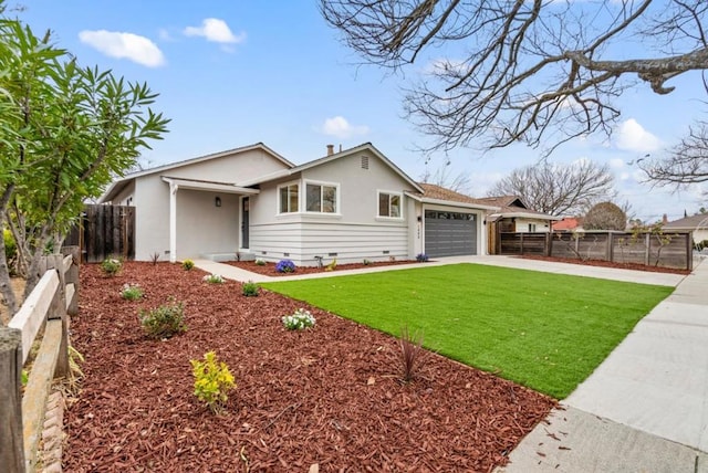 ranch-style home with a garage and a front lawn