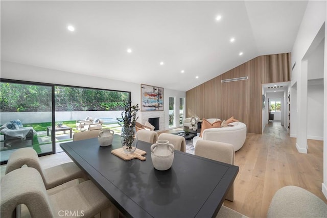 living room with lofted ceiling, wooden walls, and light hardwood / wood-style flooring