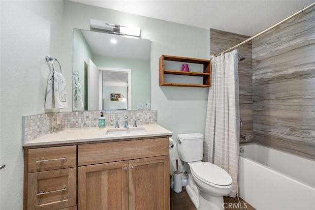 full bathroom with toilet, vanity, shower / bath combination with curtain, and decorative backsplash