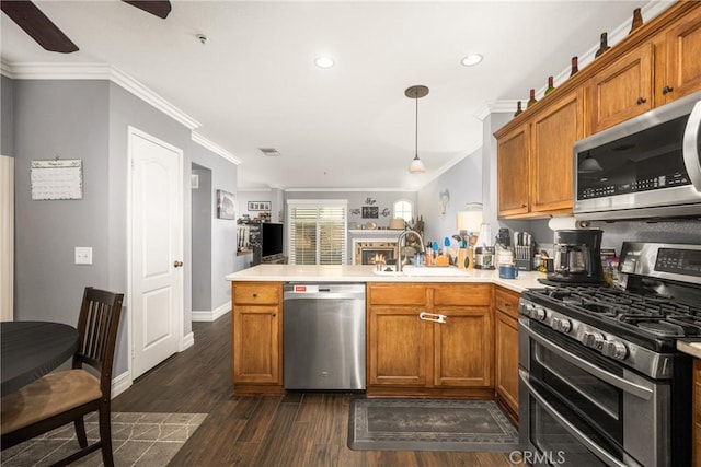 kitchen featuring sink, crown molding, kitchen peninsula, pendant lighting, and stainless steel appliances