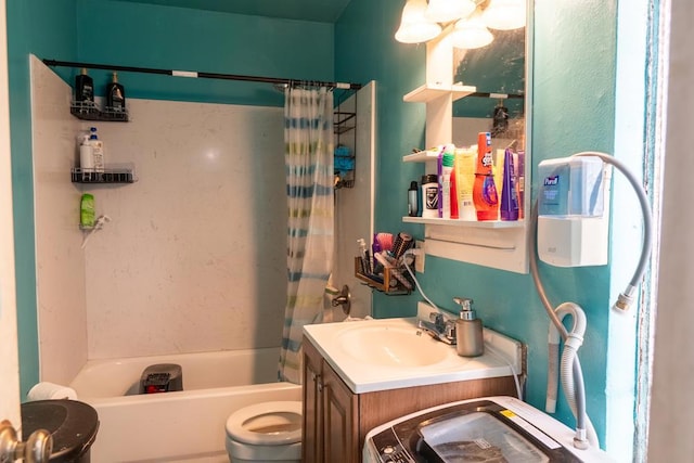 full bathroom with vanity, toilet, and shower / bath combo with shower curtain