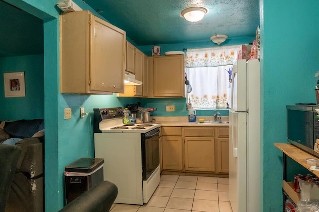 kitchen featuring sink, white appliances, light tile patterned floors, and light brown cabinets