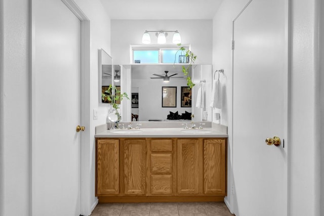 bathroom featuring vanity, tile patterned floors, and ceiling fan