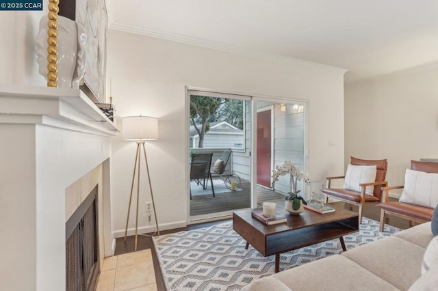 tiled living room featuring crown molding