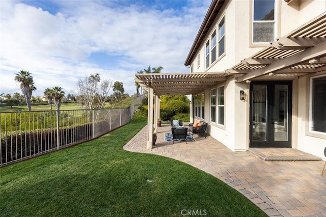 view of yard featuring a patio, a pergola, and an outdoor hangout area