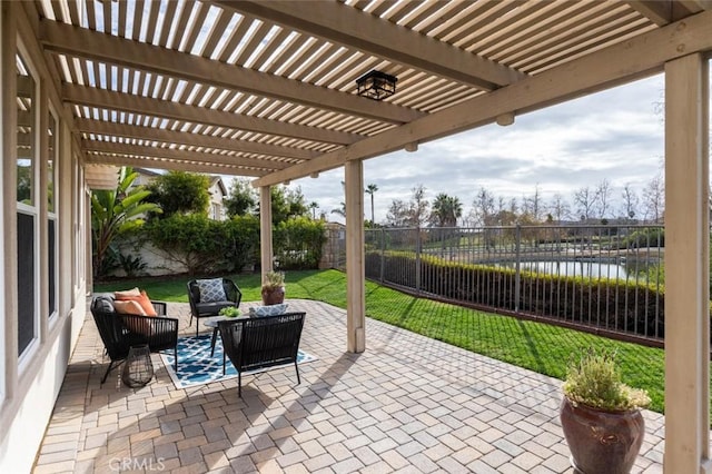 view of patio featuring outdoor lounge area, a water view, and a pergola