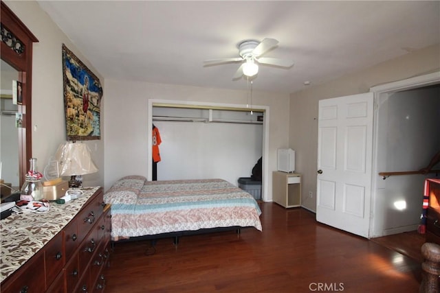 bedroom with ceiling fan, a closet, and dark wood finished floors