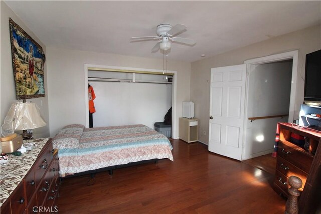 bedroom featuring dark wood-type flooring, ceiling fan, and a closet