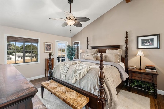 bedroom featuring hardwood / wood-style floors, access to outside, high vaulted ceiling, and ceiling fan