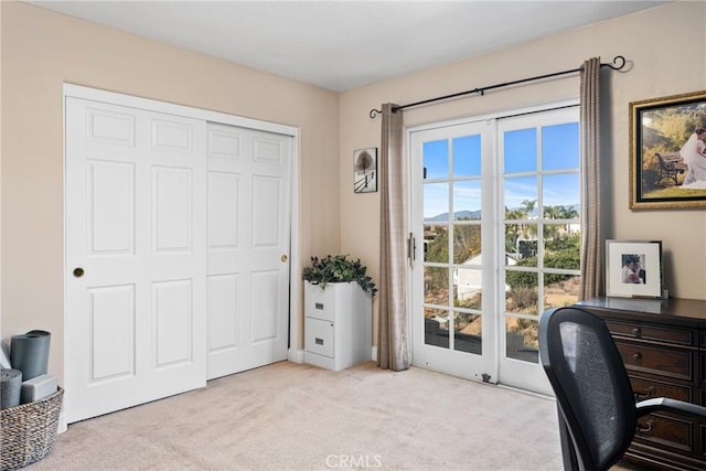 office space with light colored carpet