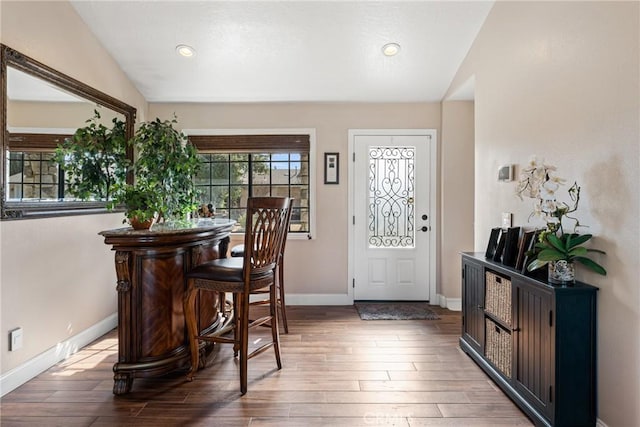 foyer entrance with lofted ceiling and wood-type flooring