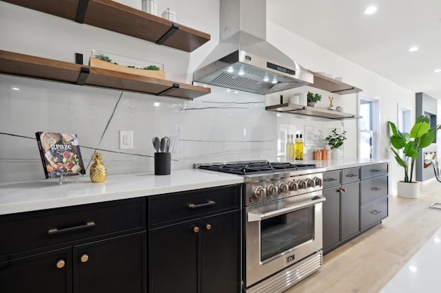 kitchen with tasteful backsplash, island range hood, high end stainless steel range, and light wood-type flooring