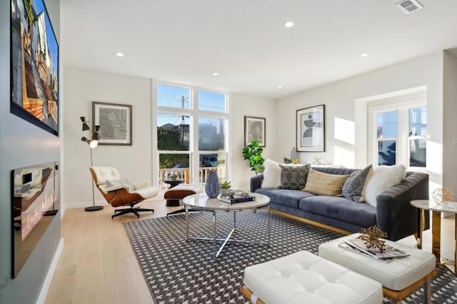 living room with a healthy amount of sunlight and light hardwood / wood-style flooring