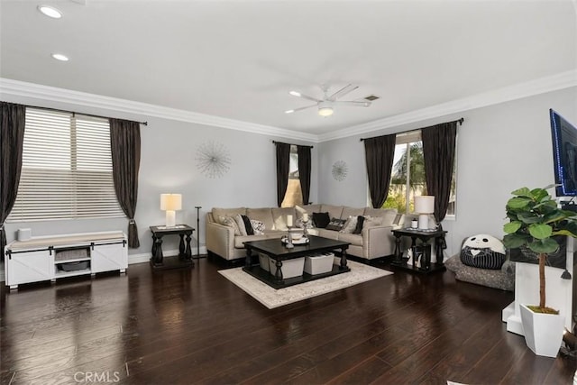 living room with crown molding, dark hardwood / wood-style floors, and ceiling fan