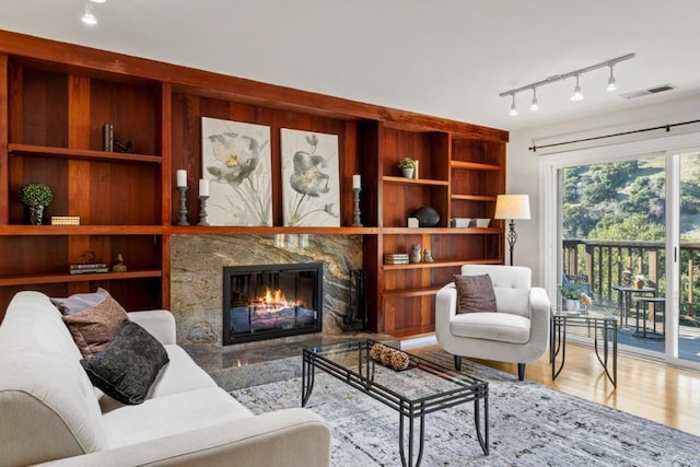 living room with wood-type flooring, track lighting, built in features, and a fireplace