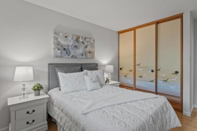 bedroom with light hardwood / wood-style flooring and a closet