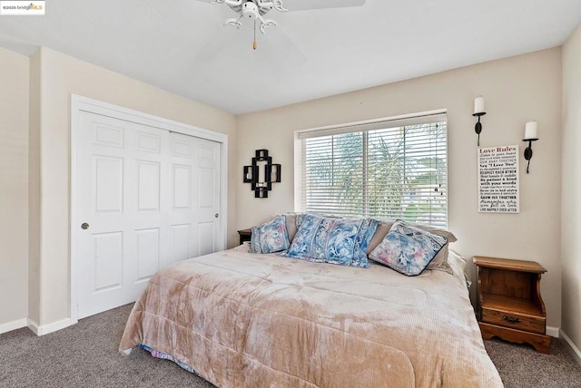 bedroom featuring ceiling fan, carpet flooring, and a closet