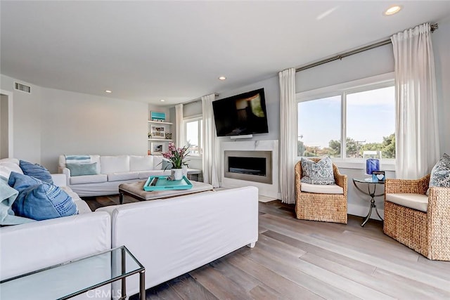 living room with hardwood / wood-style flooring, a premium fireplace, and a healthy amount of sunlight