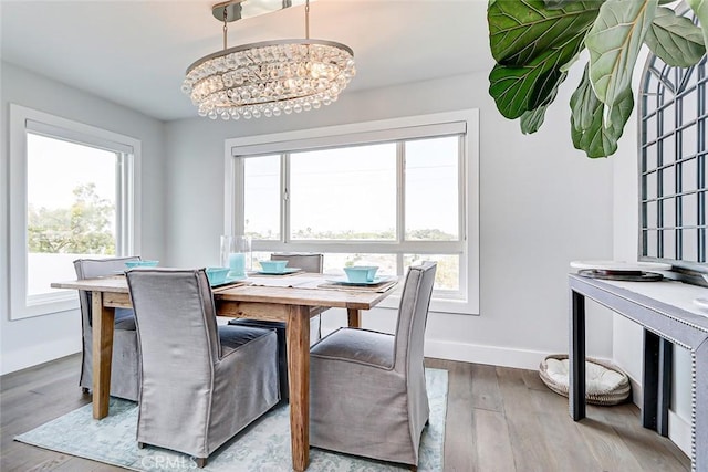 dining room with an inviting chandelier and light hardwood / wood-style flooring