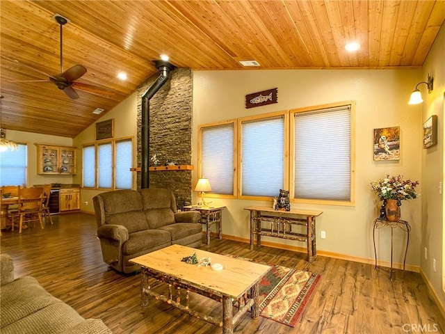 living room featuring hardwood / wood-style floors, wood ceiling, high vaulted ceiling, and ceiling fan