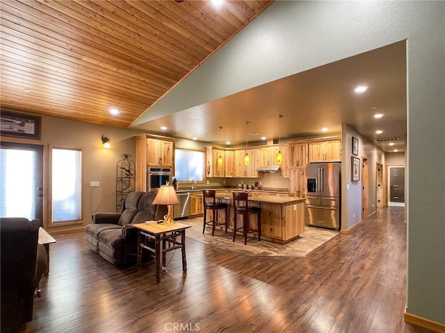 living room with hardwood / wood-style floors, wood ceiling, and high vaulted ceiling