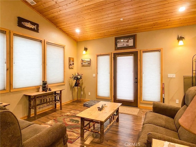 living room with lofted ceiling, hardwood / wood-style floors, and wooden ceiling