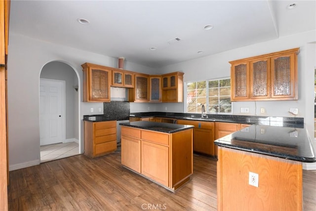 kitchen with tasteful backsplash, wood-type flooring, and a kitchen island