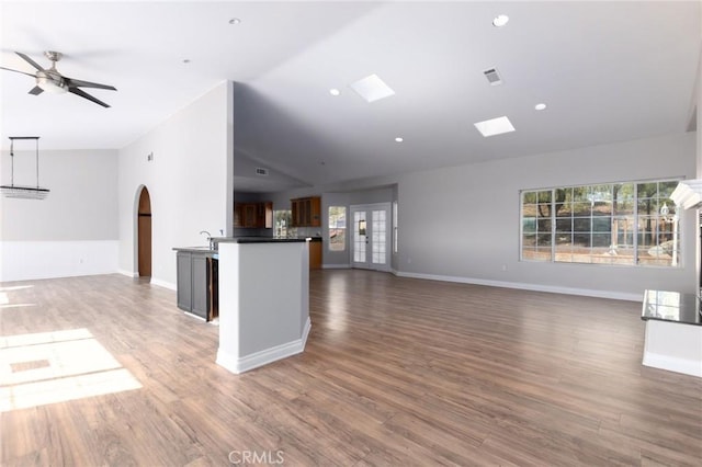 interior space with ceiling fan, dark hardwood / wood-style flooring, and vaulted ceiling