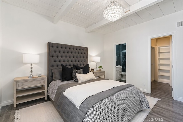 bedroom featuring a notable chandelier, dark hardwood / wood-style floors, wooden ceiling, and beam ceiling