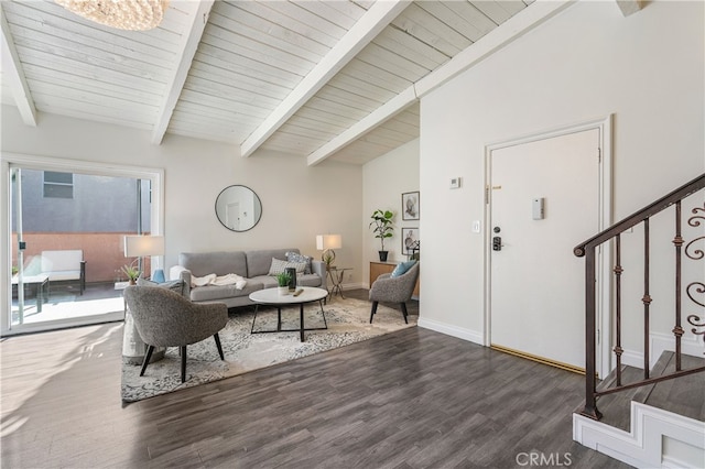 living room featuring lofted ceiling with beams, dark hardwood / wood-style floors, and wood ceiling