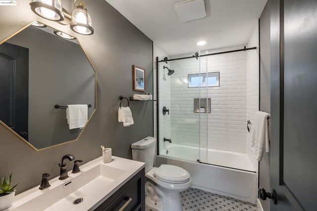 full bathroom with shower / bath combination with glass door, vanity, and toilet