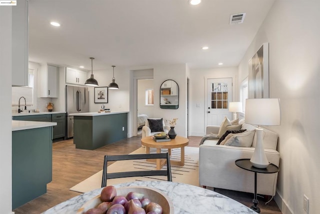 living room featuring dark hardwood / wood-style floors and sink