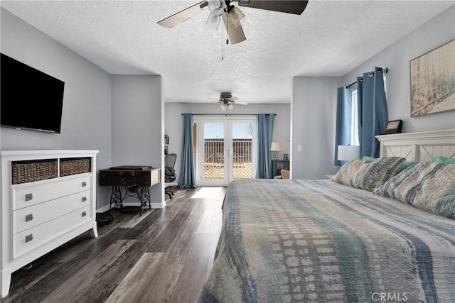 bedroom with ceiling fan, a textured ceiling, access to exterior, and dark hardwood / wood-style flooring