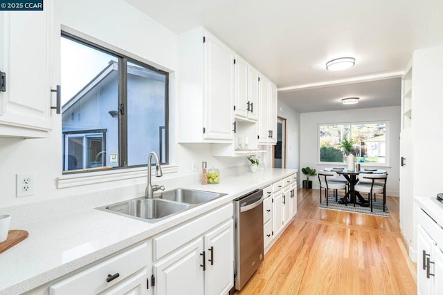 kitchen with white cabinetry, sink, light hardwood / wood-style flooring, and stainless steel dishwasher